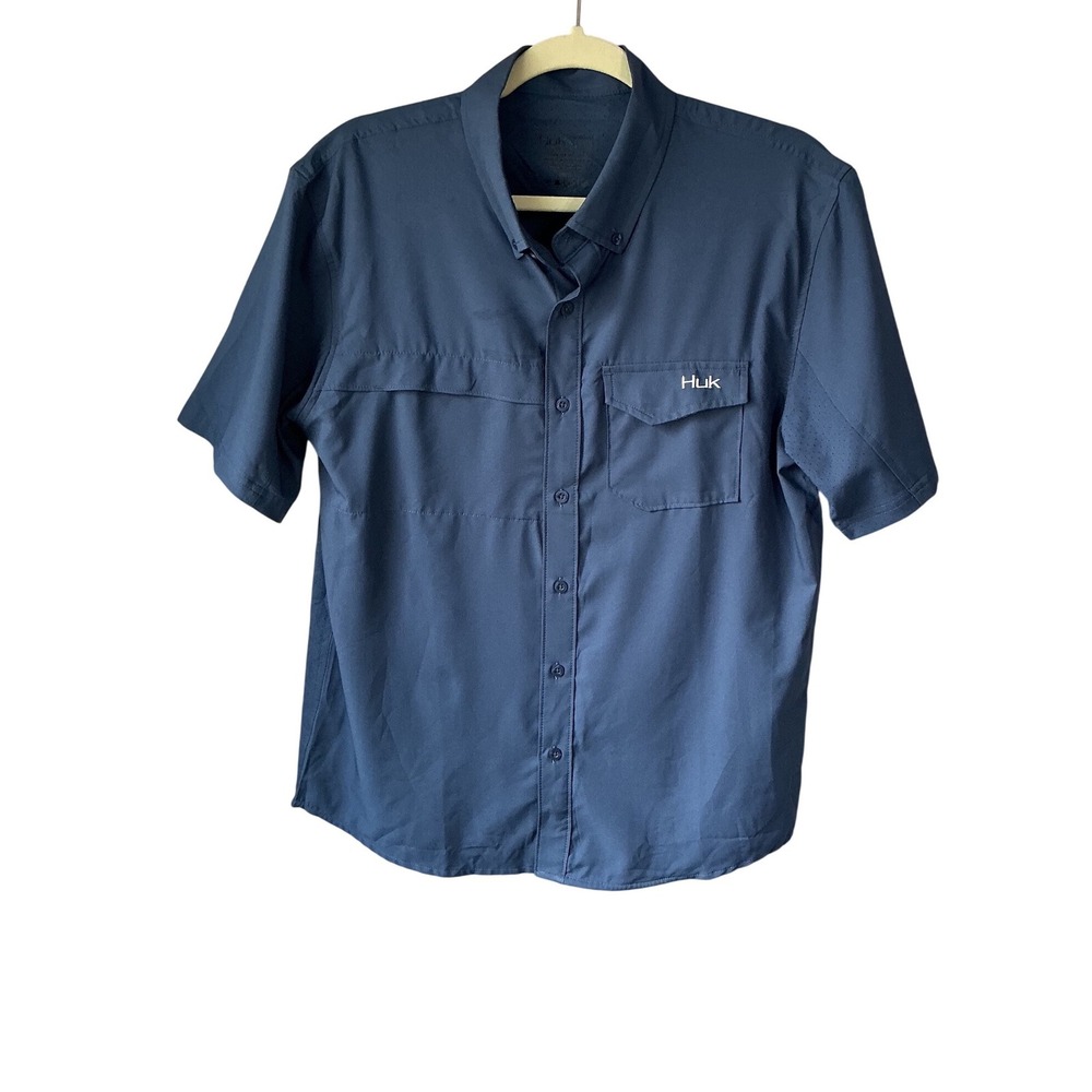 Huk Mens Performance Fishing Shirt Navy Blue Short Sleeve Button Down Small